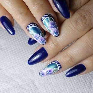 Китайская роспись ногтей, синий дизайн ногтей с цветами